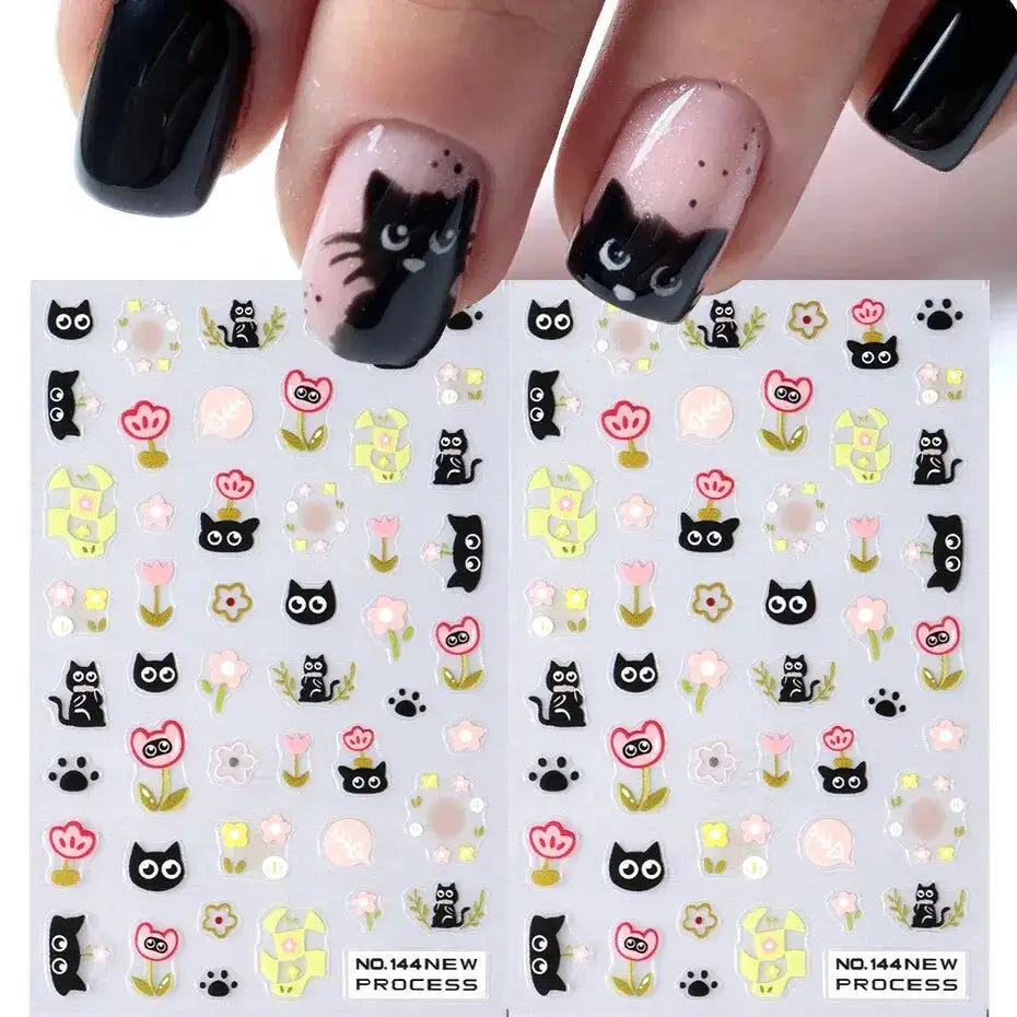 Nail stickers set: 2 sheets of black cat 3D decals, self-adhesive manicure art by Simples Market