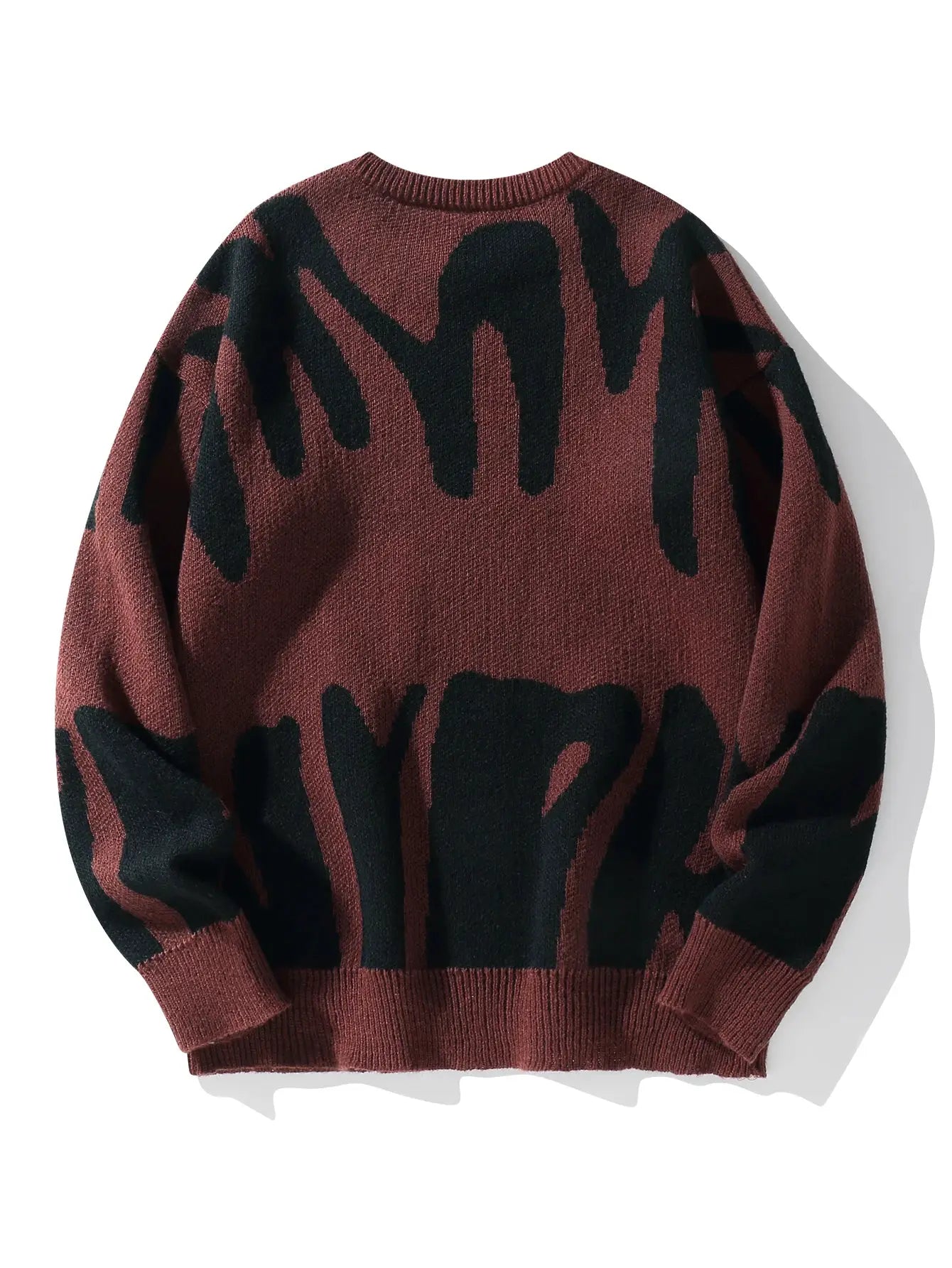 Simples Market men's burgundy knit pullover sweater with black irregular jacquard pattern, round neck