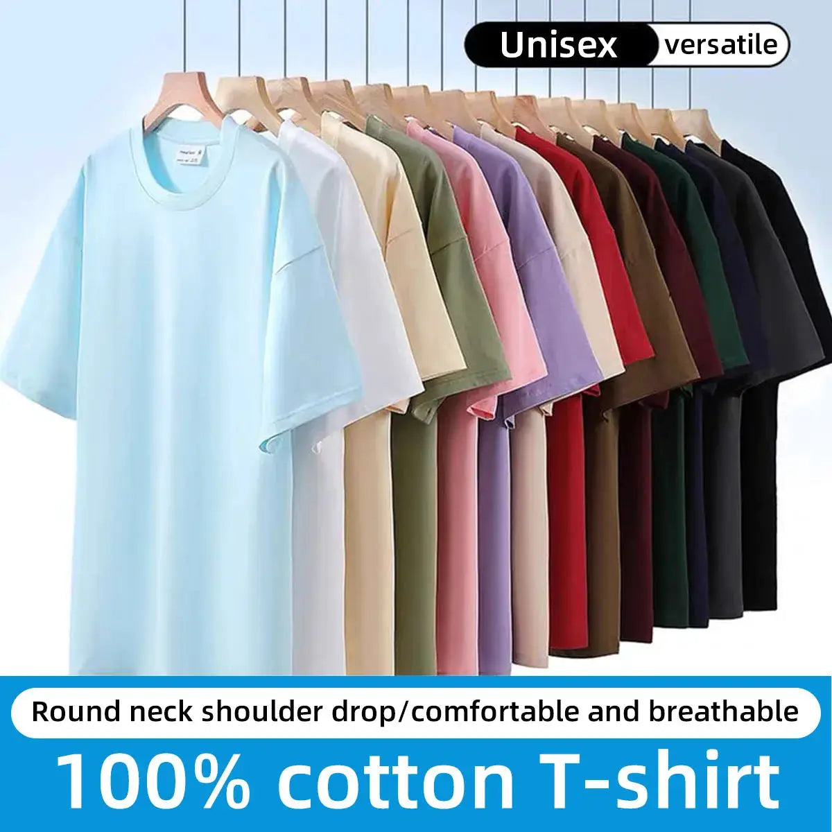 100 Percent Cotton T Shirt Round Neck Short Sleeved For Men And Women Casual Loose Fit Solid Color Summer