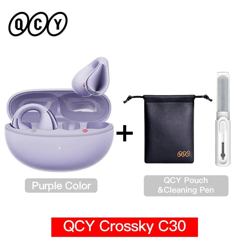 QCY Crossky C30 ear clip wireless open-ear earbuds in purple with case; includes QCY pouch and cleaning pen (2 items)