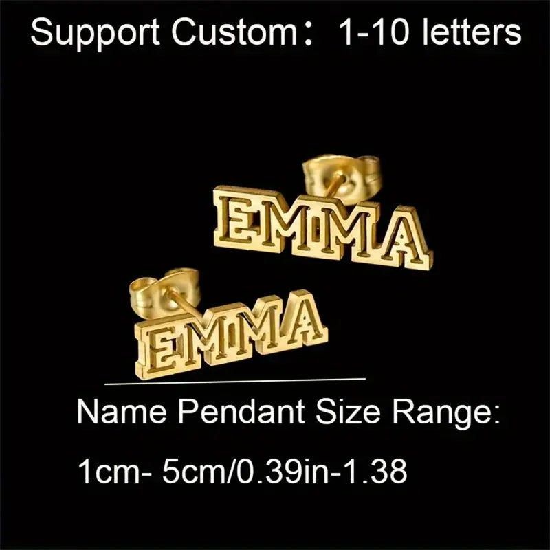 Gold-tone stainless steel name pendant earrings pair with EMMA lettering; custom 1-5 cm size range.