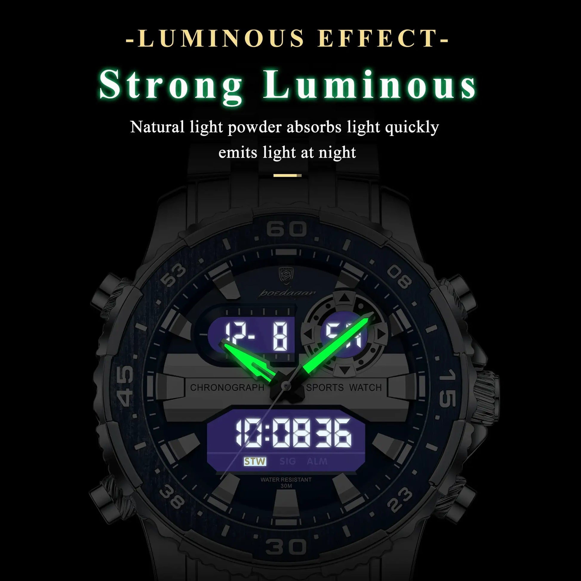 POEDAGAR men's digital sports watch with green LED hands and dual time display