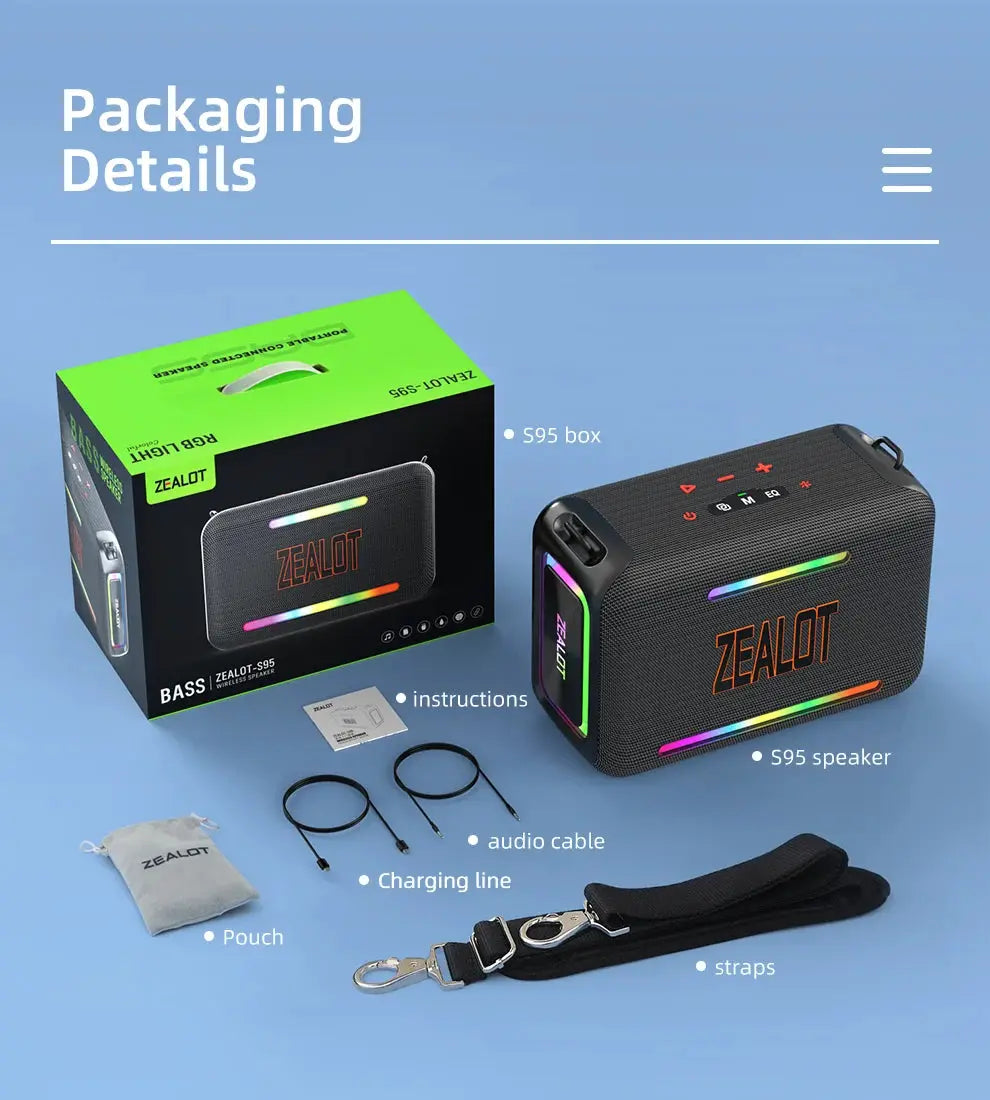 ZEALOT S95 waterproof portable Bluetooth speaker with rainbow LED, boxed with pouch, cables and straps