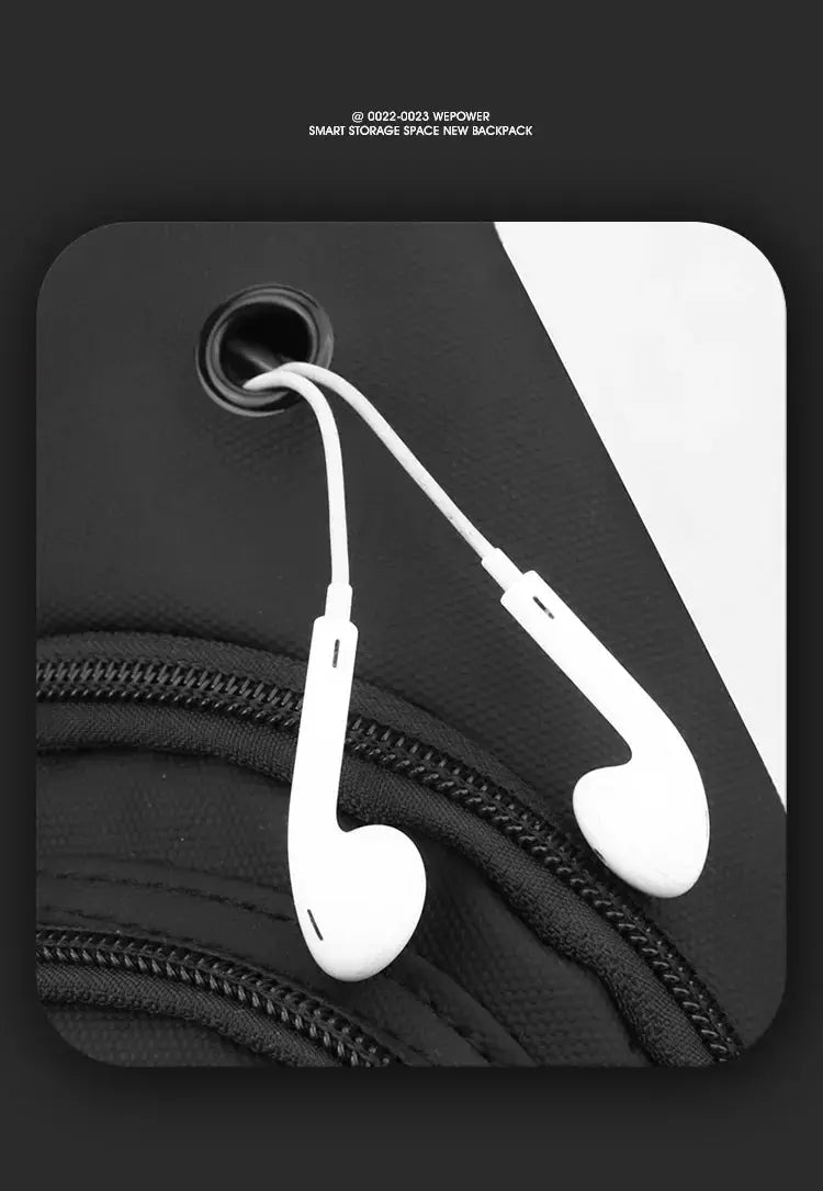 White wired earphones resting on a black nylon backpack with zippers