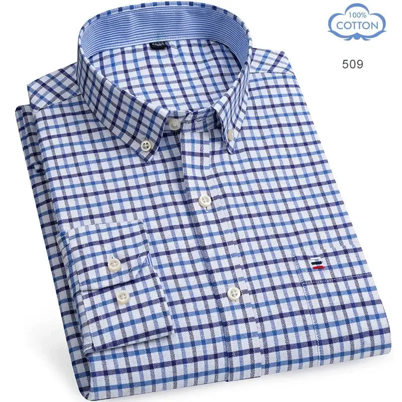 Simples Market men's 100% cotton oxford shirt, long-sleeve blue and white plaid