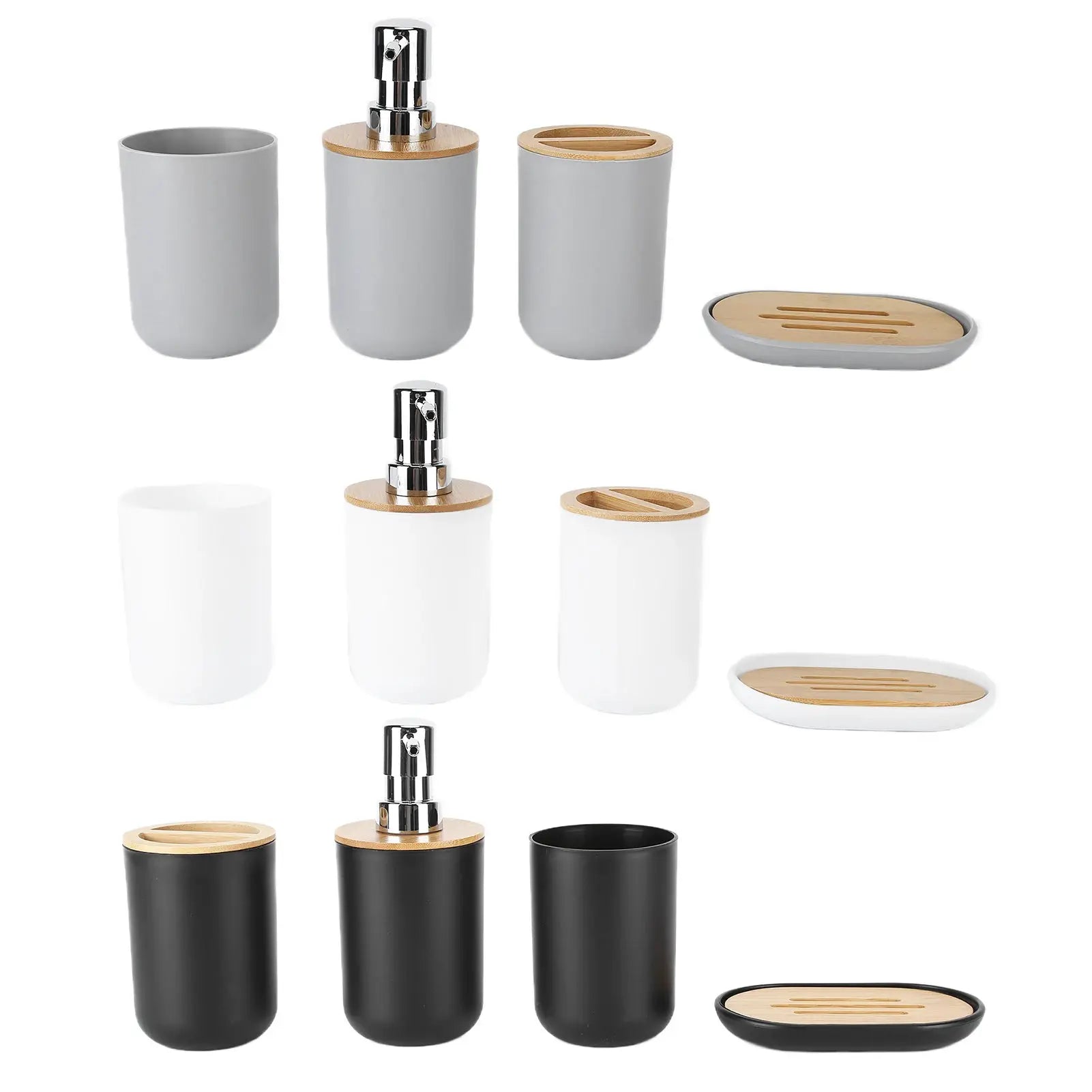 4-piece bamboo bathroom set with dispenser, toothbrush holder, tumbler and soap dish in gray/white/black