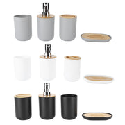 4-piece bamboo bathroom set with dispenser, toothbrush holder, tumbler and soap dish in gray/white/black