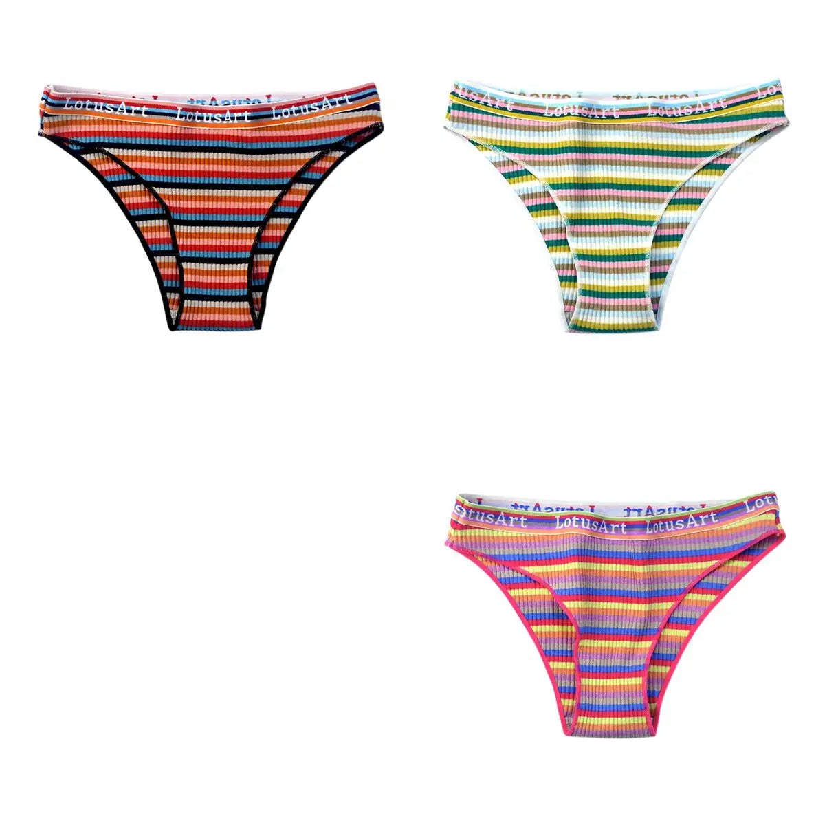 3-pack cotton striped panties for women, low-rise briefs with a colorful LotusArt waistband