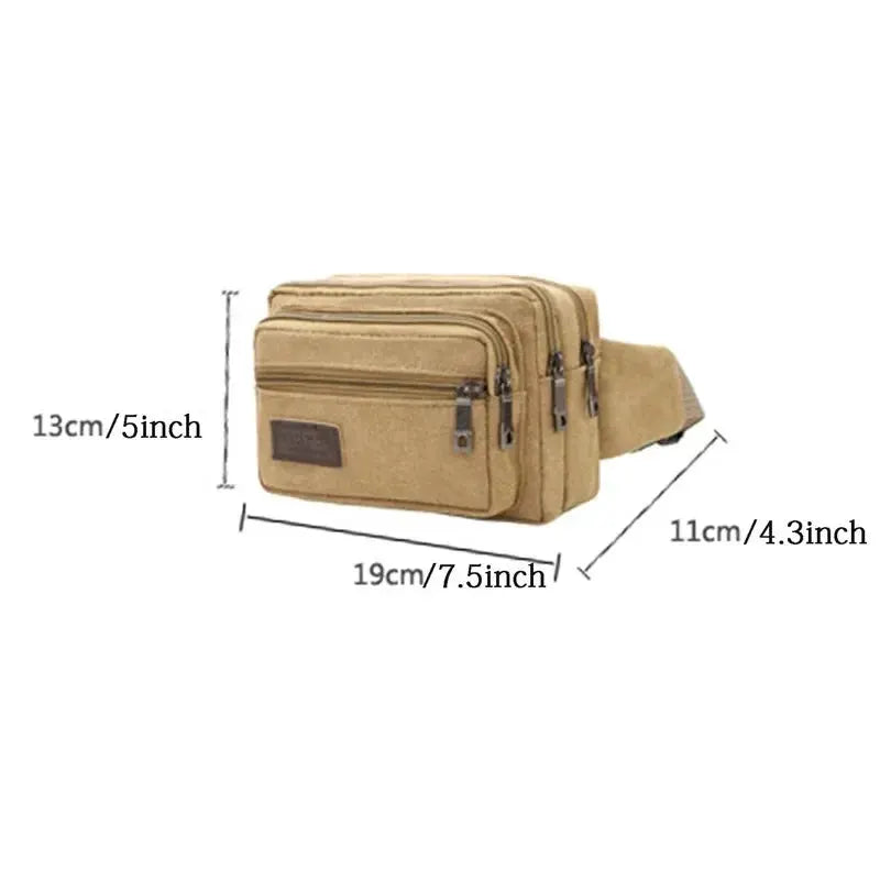 Canvas waist bag by Simples Market in tan with three zip compartments and an adjustable strap; 19x13x11 cm