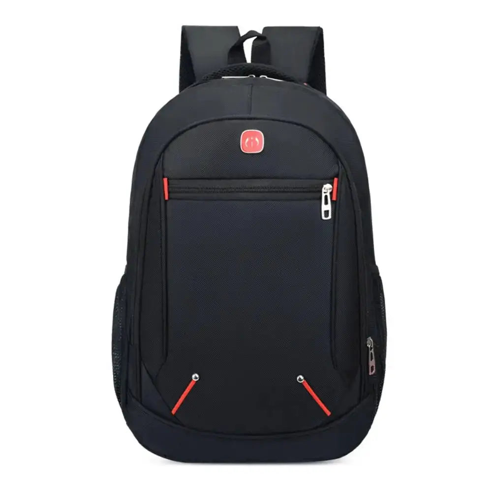 Simples Market black multifunctional business backpack with front zip pocket and red zipper pulls