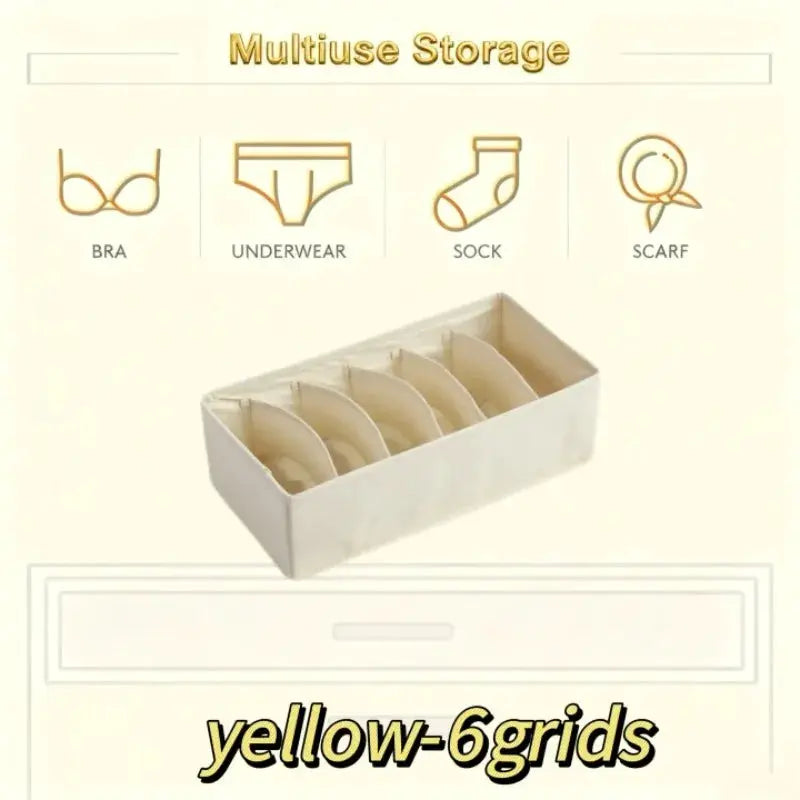 Drawer underwear storage box with 6 compartments for bras, underwear, and socks in yellow
