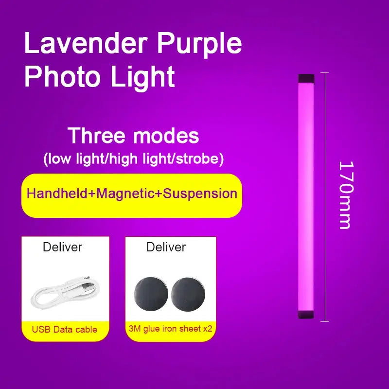 Simples Market lavender purple RGB LED night light bar, 170mm tall, rechargeable with USB cable