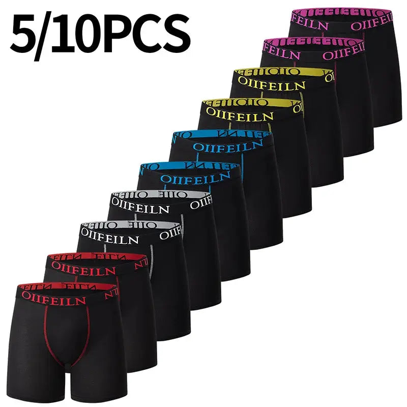 Men's boxer briefs set, 10 pcs, black with multicolor elastic waistbands