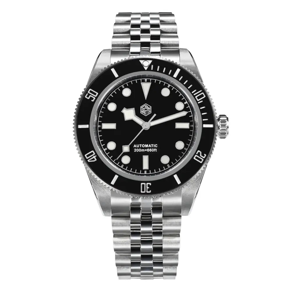 San Martin 40mm BB Diver watch with stainless steel bracelet, black dial, rotating bezel, automatic movement