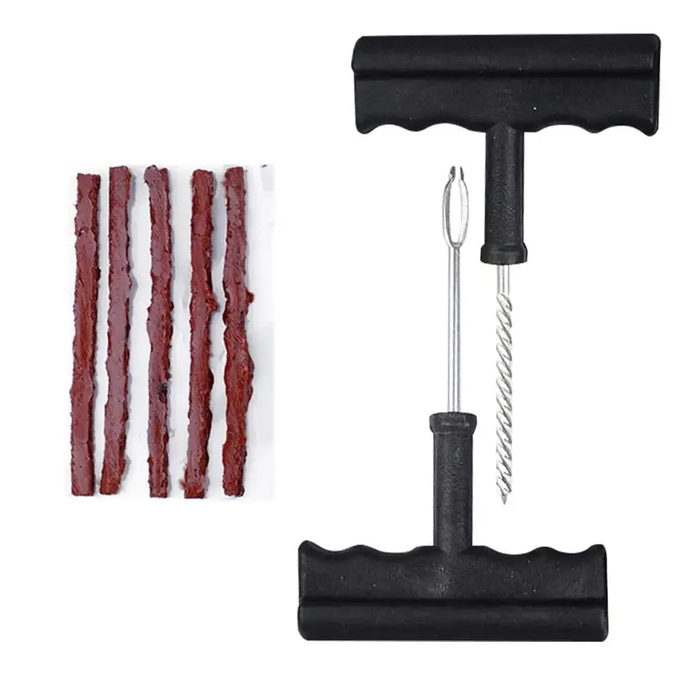 Tire repair kit with six red tubeless rubber strips and T-handle insertion tool by Simples Market