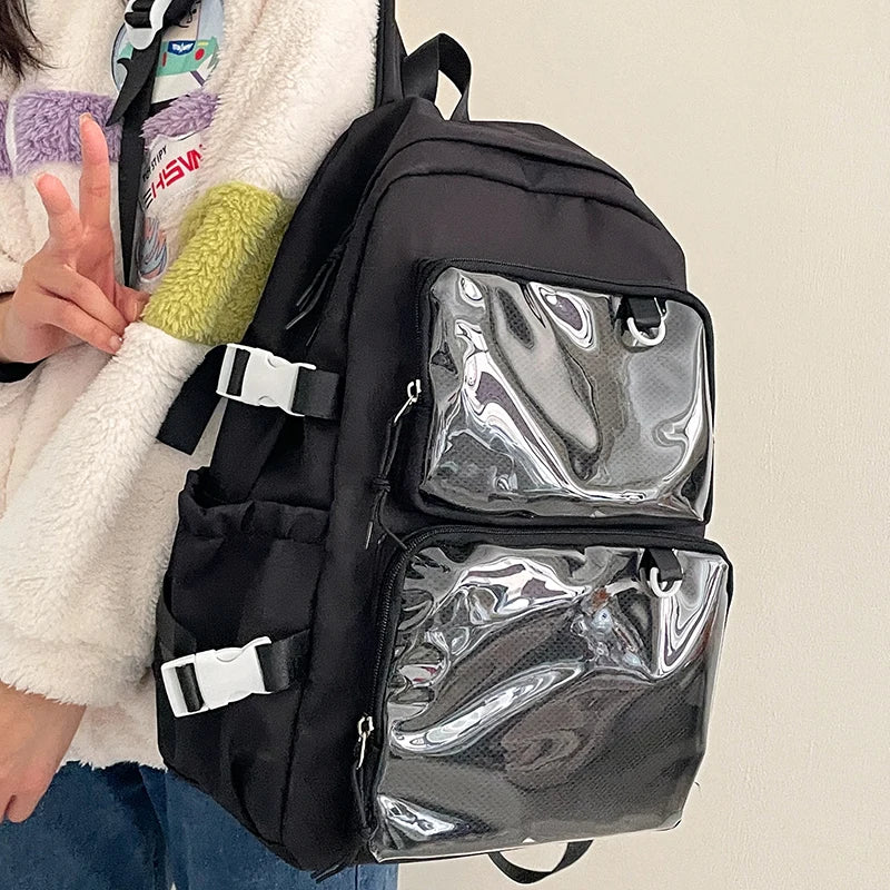 Japanese style transparent ita bag backpack by Simples Market, black with two front clear PVC pockets, large capacity
