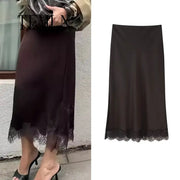 Two satin lace-hem skirts in burgundy, wrap-around and long styles for women