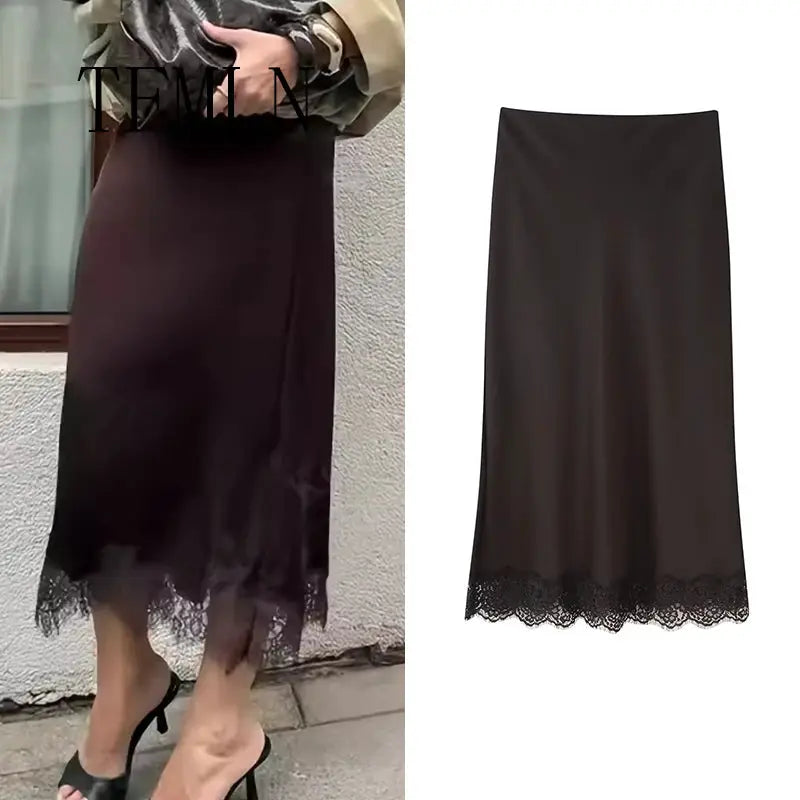 Two satin lace-hem skirts in burgundy, wrap-around and long styles for women