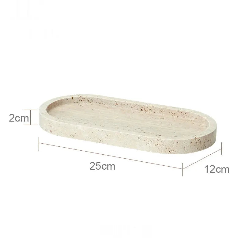 Beige travertine bathroom vanity tray, oval 25x12x2 cm.