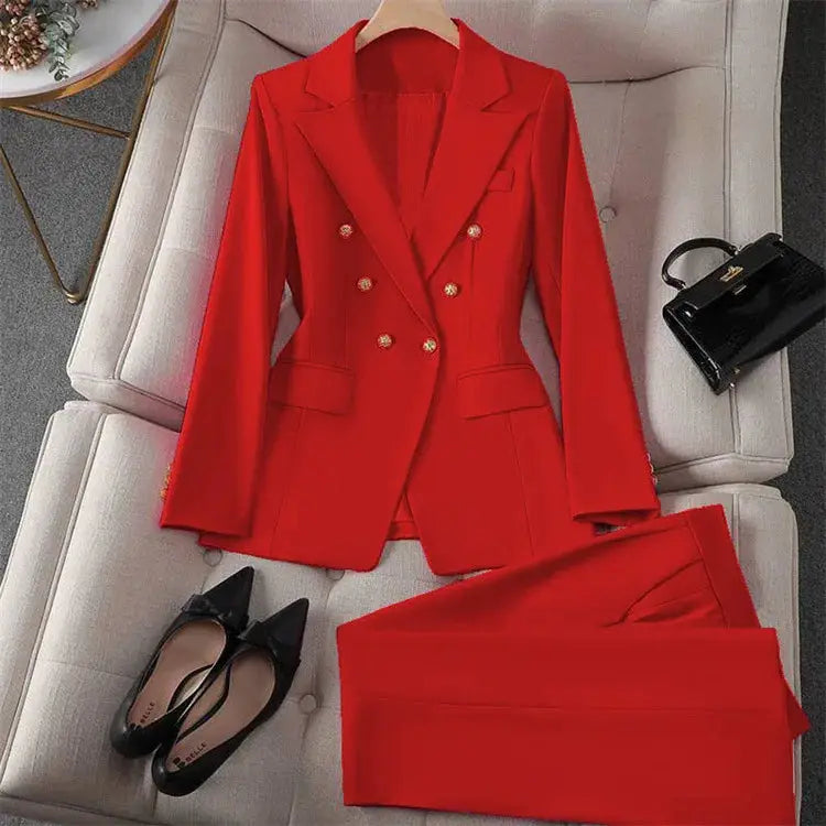 Red double-breasted blazer pants set for women with gold buttons, 2-piece suit
