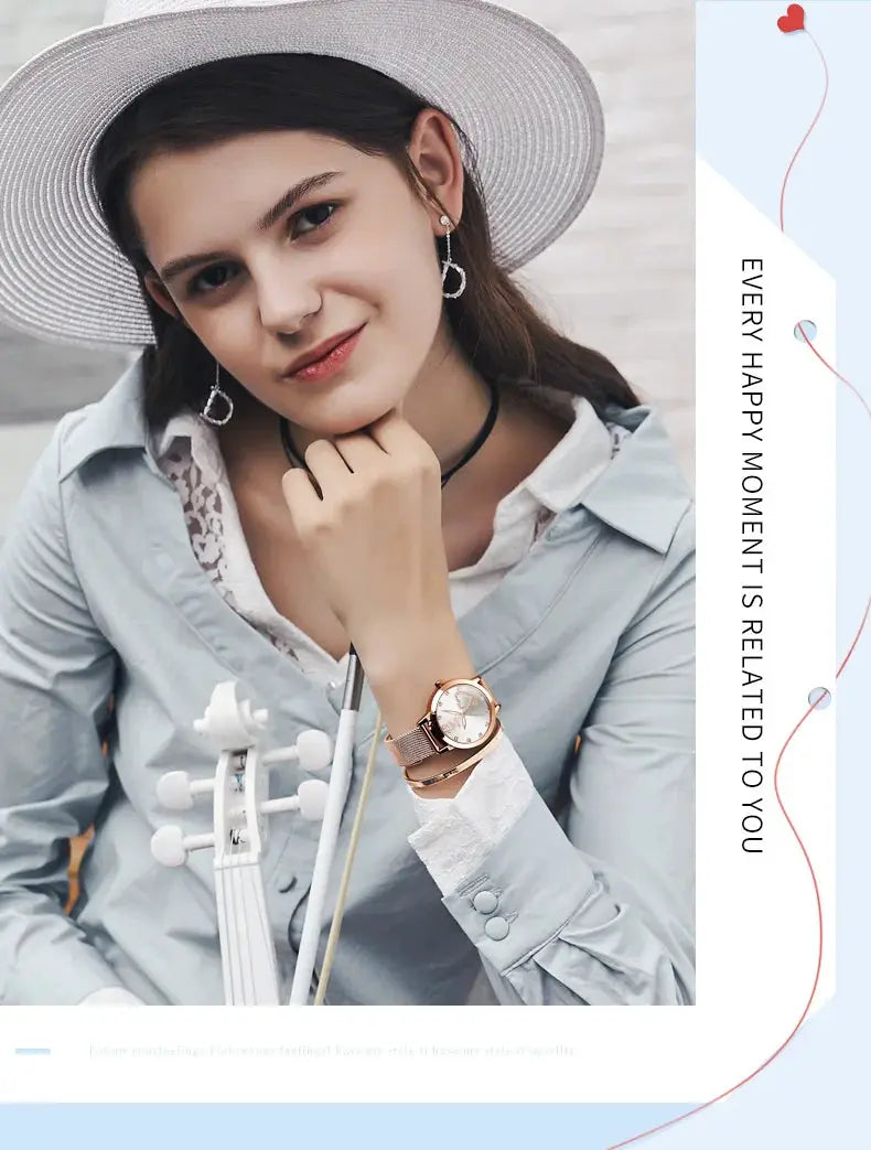 OLEVS 5189 women's quartz watch with rose-gold mesh strap and heart design, waterproof