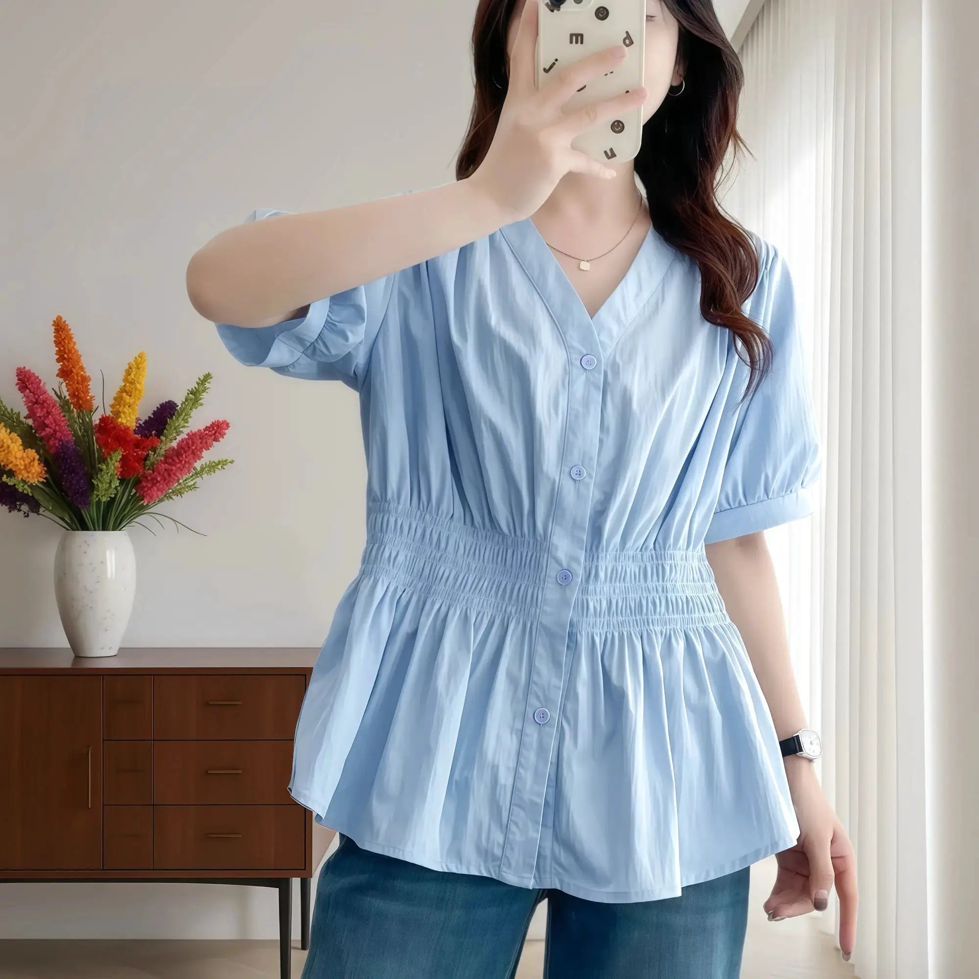 Plus Size Elastic Waist V Neck Puff Sleeve Blouse For Summer