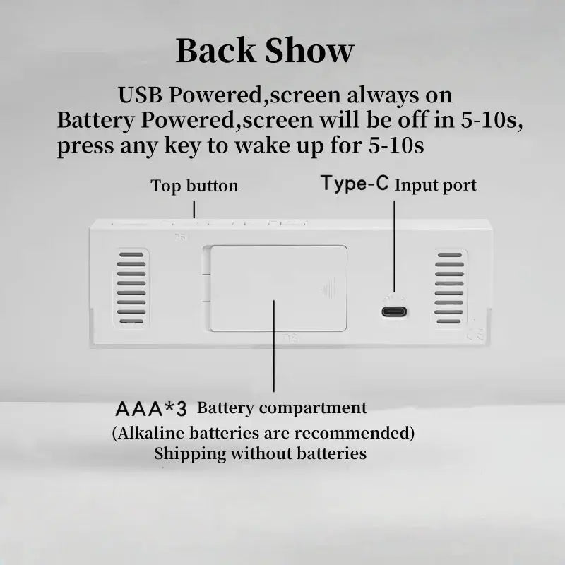 White USB-powered digital alarm clock back view with Type-C port, AAA battery compartment, and top button