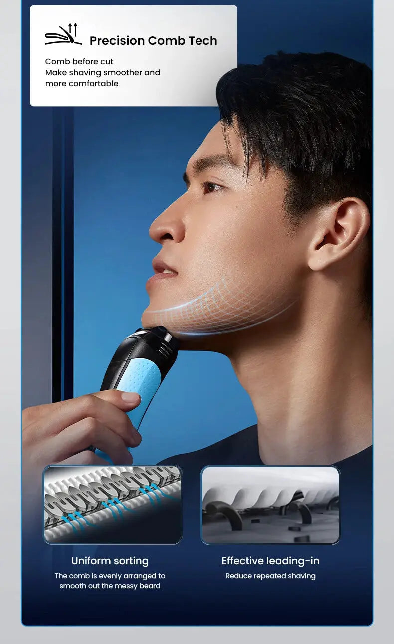 Braun electric shaver for men with blue grip and built-in trimmer