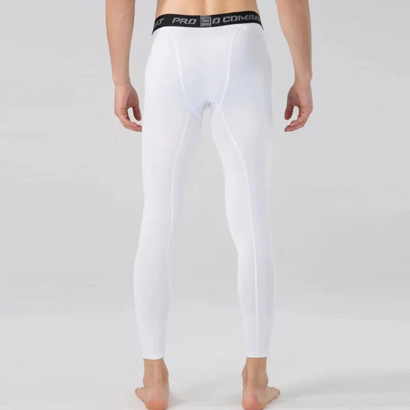 Men's white compression pants with black elastic waistband, full-length athletic leggings