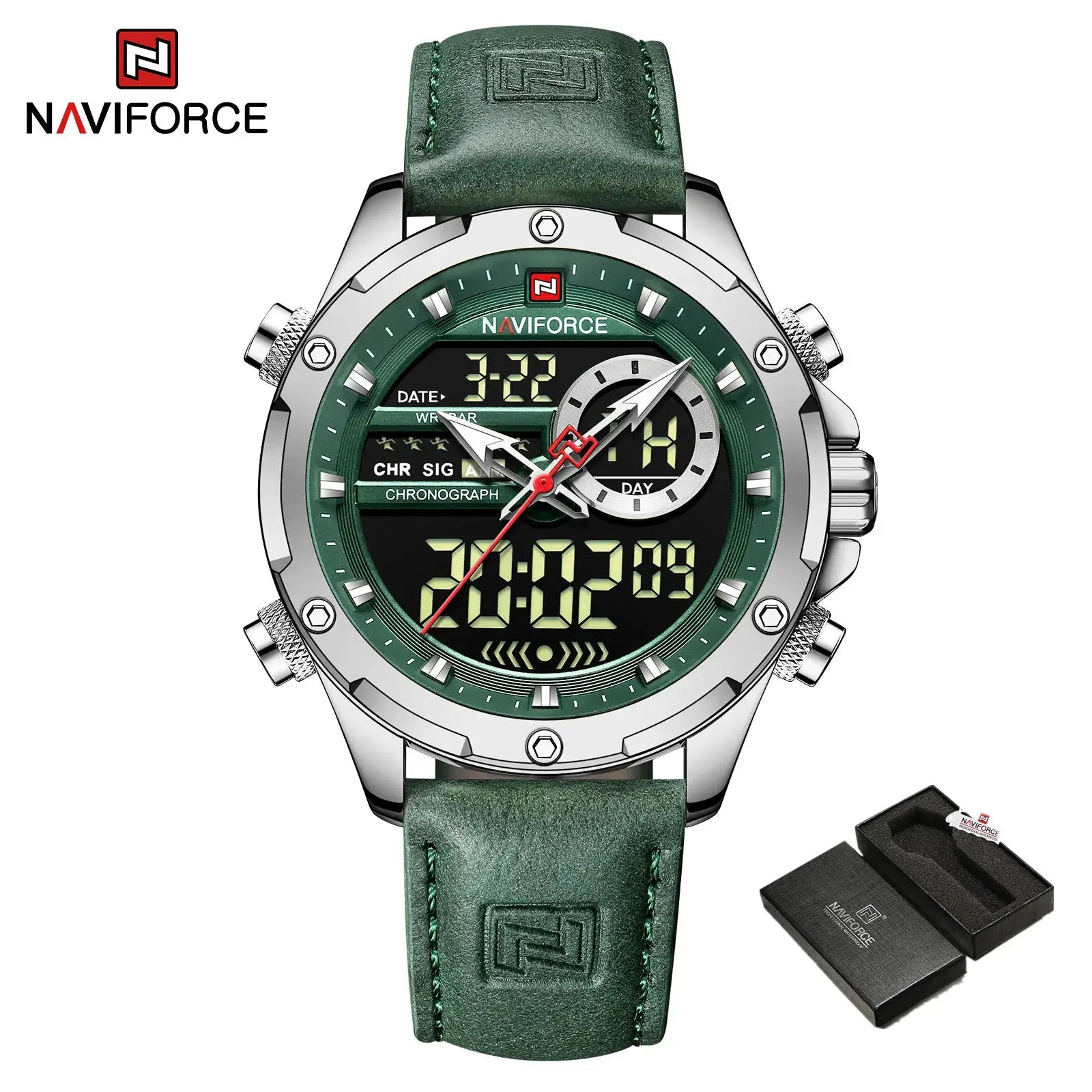 NAVIFORCE men's green dial leather-strap chronograph wristwatch with digital display, packaging shown