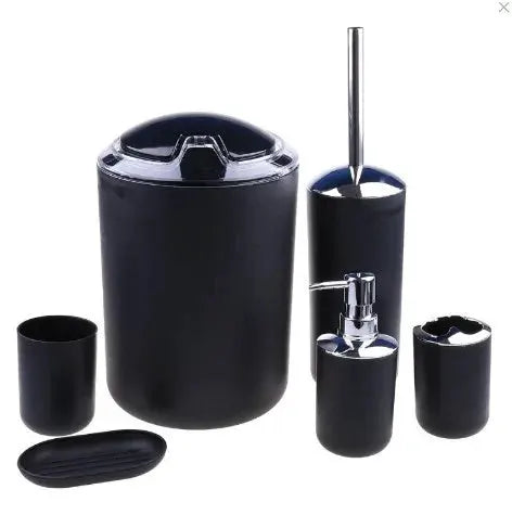 Luxury black 6-piece bathroom set: trash can, toilet brush, soap dispenser, toothbrush holder, soap dish, and tumbler.