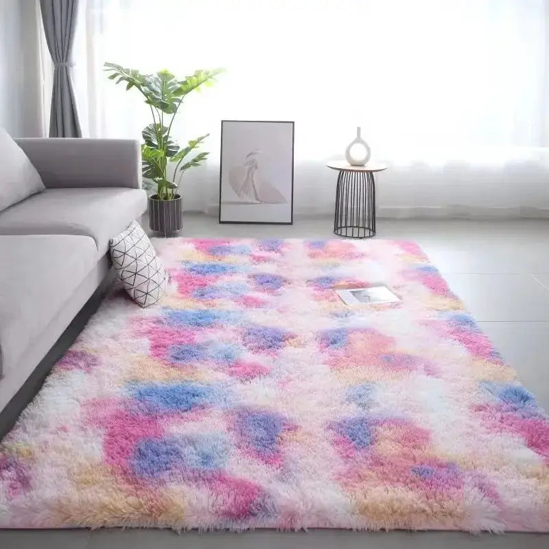 VIKAMA 1PC silk-wool rug, tie-dye multicolor; non-slip, machine washable, Simples Market
