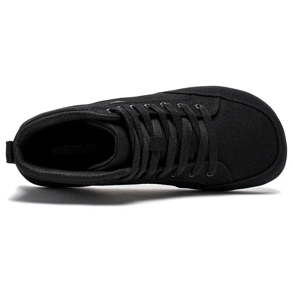 HOBIBEAR mid-top barefoot canvas sneakers in black, lace-up unisex footwear with wide toe box