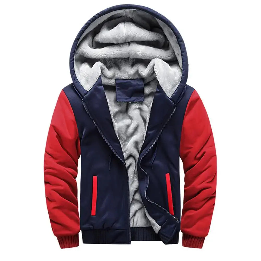 Men's hooded fleece-lined jacket, navy body with red sleeves, zip front, red-zippered pockets