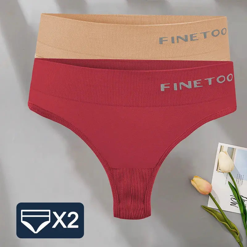FINETOO 2-pack women's thong underwear, red and nude, high-waist style, sizes M–2XL