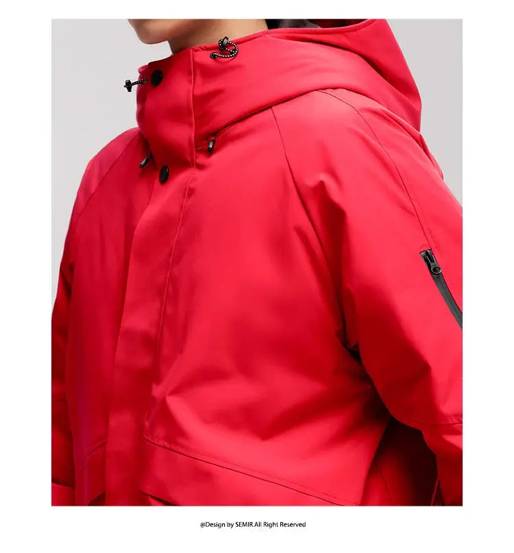 Semir men's red down jacket with hood and high collar, rainproof windproof shell, zippered sleeve pocket.