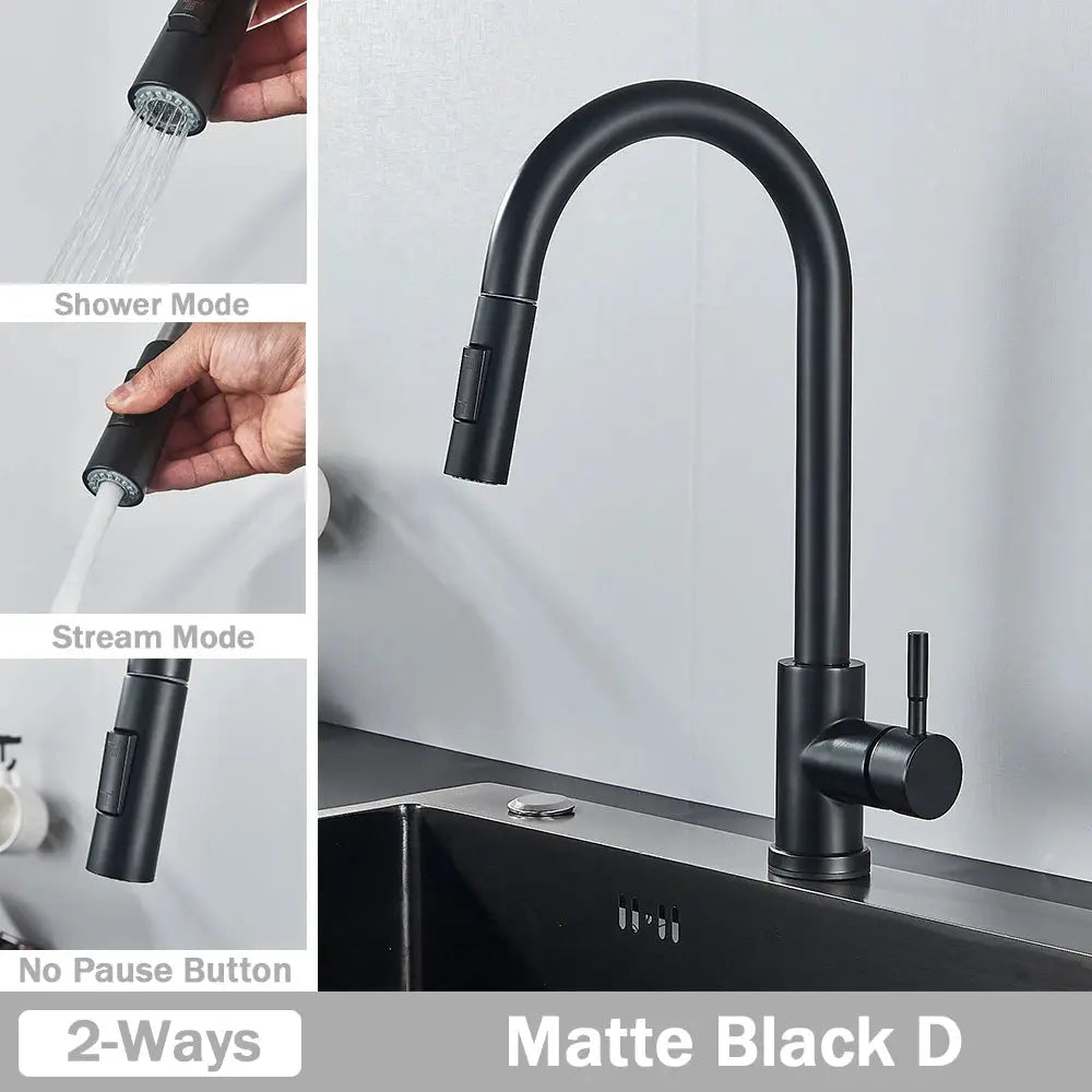 Matte black pull-out kitchen faucet with flexible nozzle and two spray modes (shower, stream), deck-mounted
