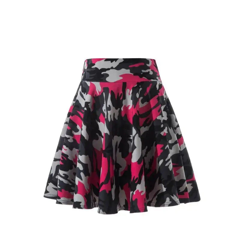 Flared camo print skirt in pink and black, Simples Market, women's casual mini skater style