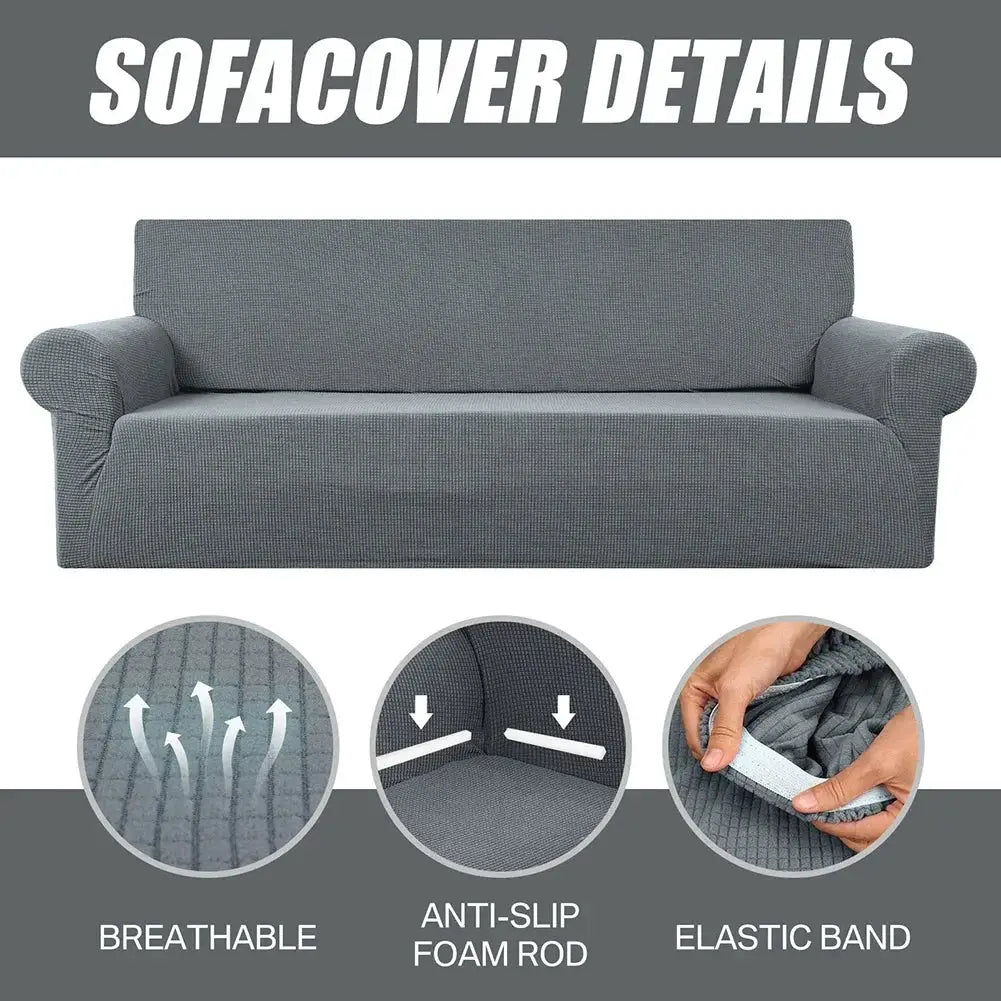 Joccun stretch couch cover in gray-blue jacquard fabric by Simples Market; sofa protector with elastic band