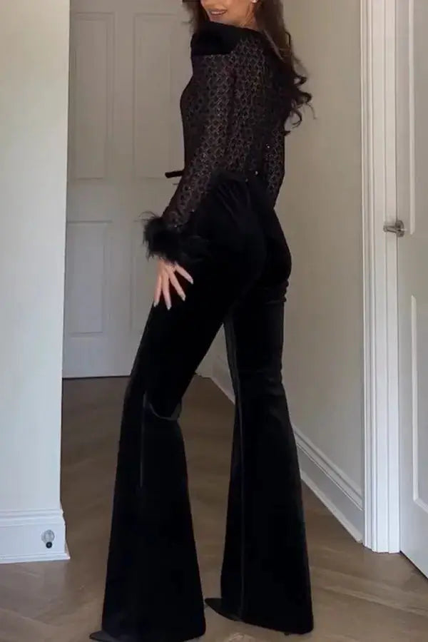 Women's black velvet jumpsuit with sheer lace long sleeves and wide-leg pants