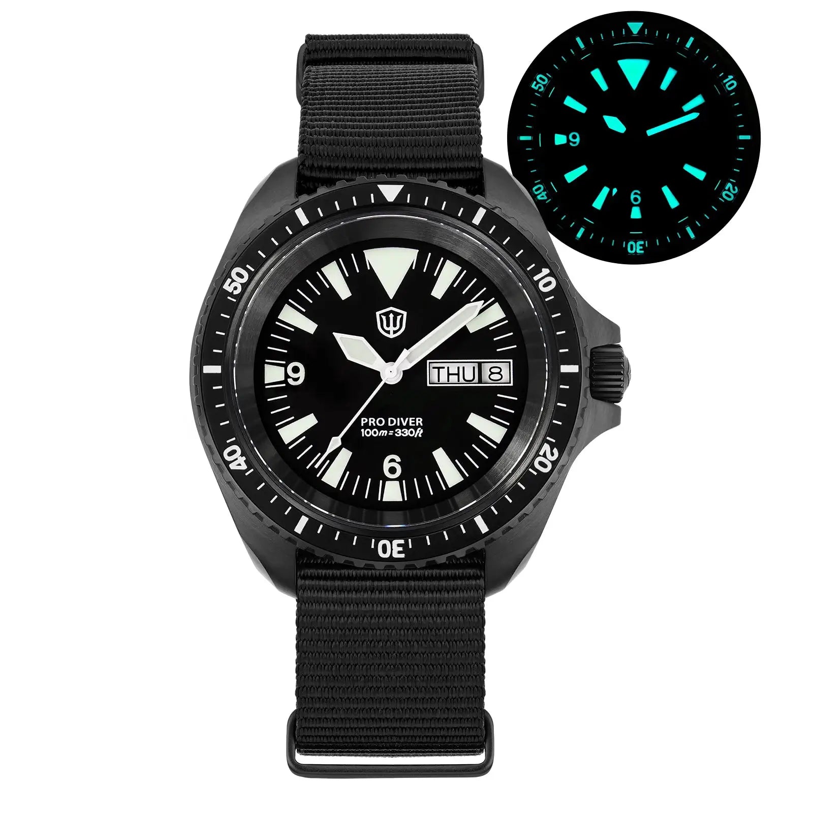 Watchdives WD1980 V3 diver's watch, black dial with luminous markers, black bezel, nylon strap