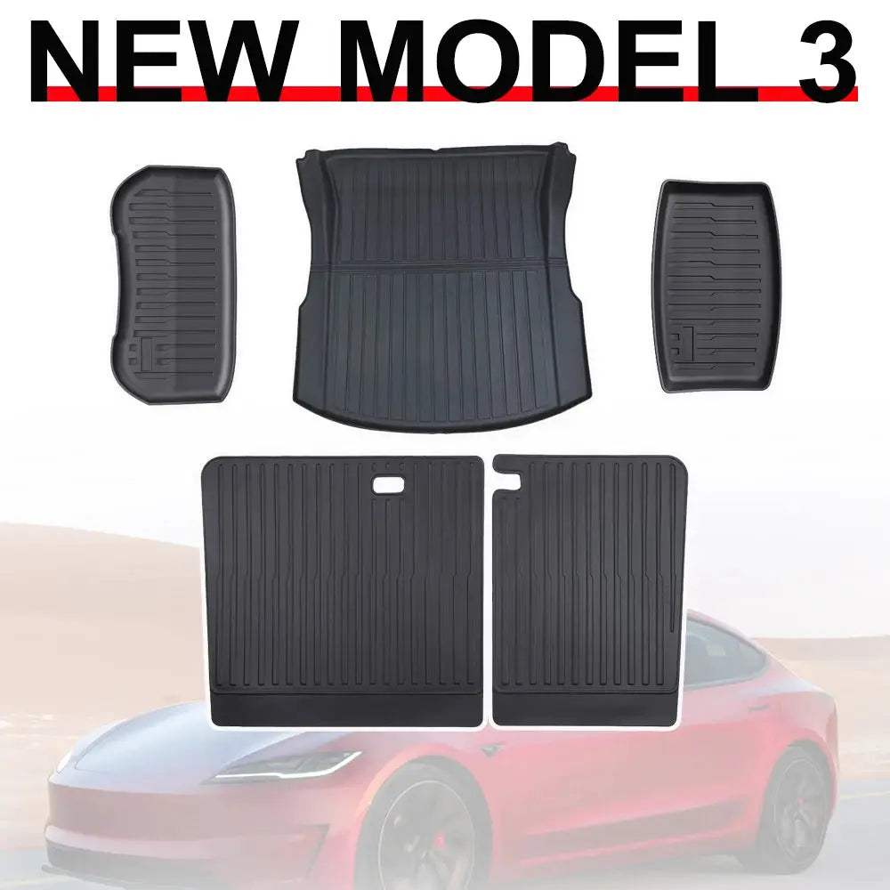Simples Market black TPE five-piece trunk mat set for Tesla Model 3 Highland, includes front, rear and cargo mats