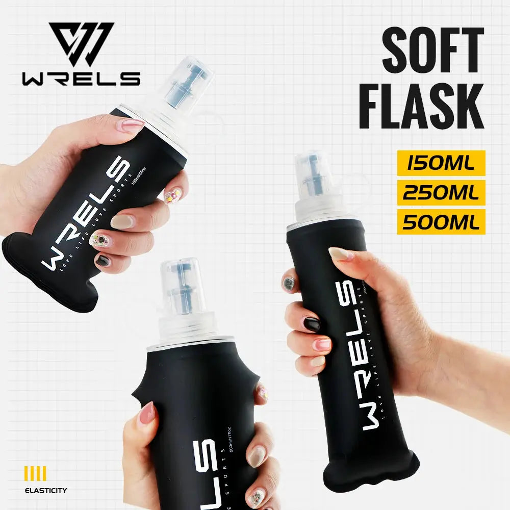 WRELS soft flask set of 3 TPU hydration bottles with black sleeves (150/250/500ml)