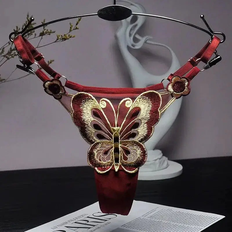 Butterfly lace thong by Simples Market, red mesh G-string with adjustable waist and butterfly applique.