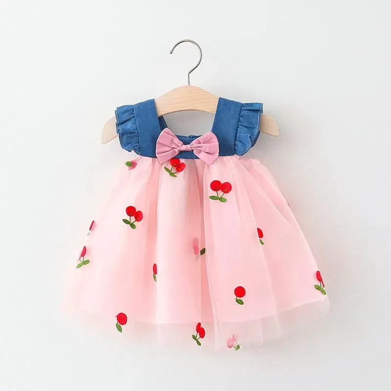 Baby Girl Dress Summer Cherry Mesh Beach Outfit 0 To 1 Years Cotton Comfortable Cute Clothes