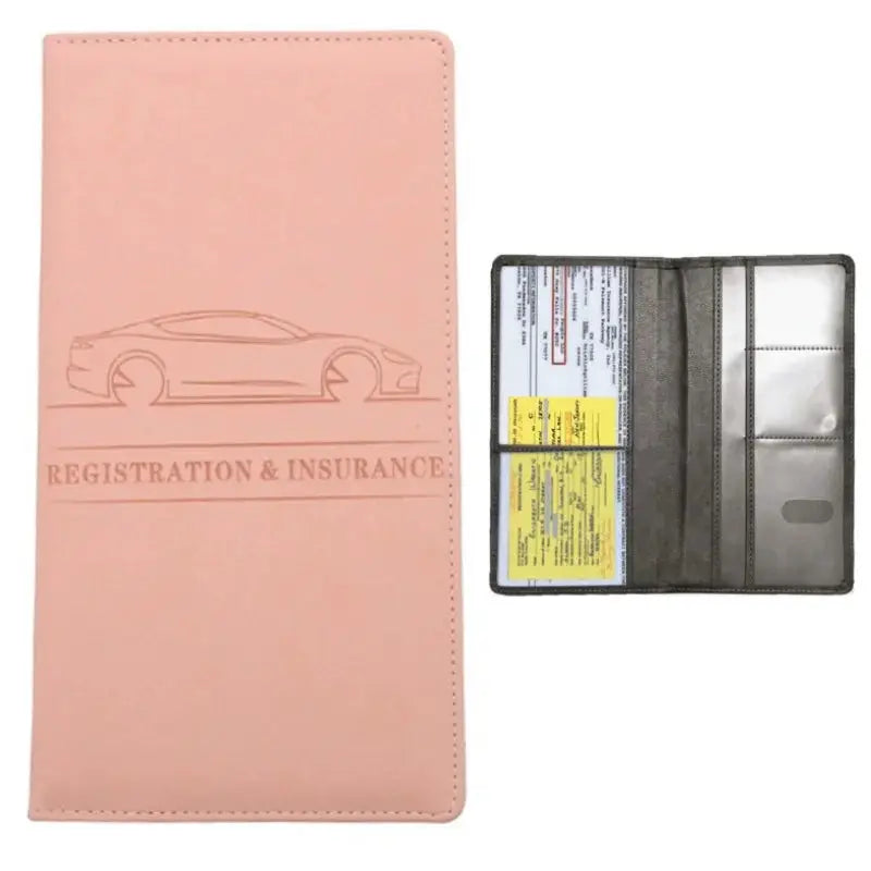 Men's pink card holder wallet by Simples Market with embossed car and REGISTRATION & INSURANCE, interior card slots.
