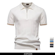 AIOPESON men's white zip polo shirt with brown sleeve trim by Simples Market