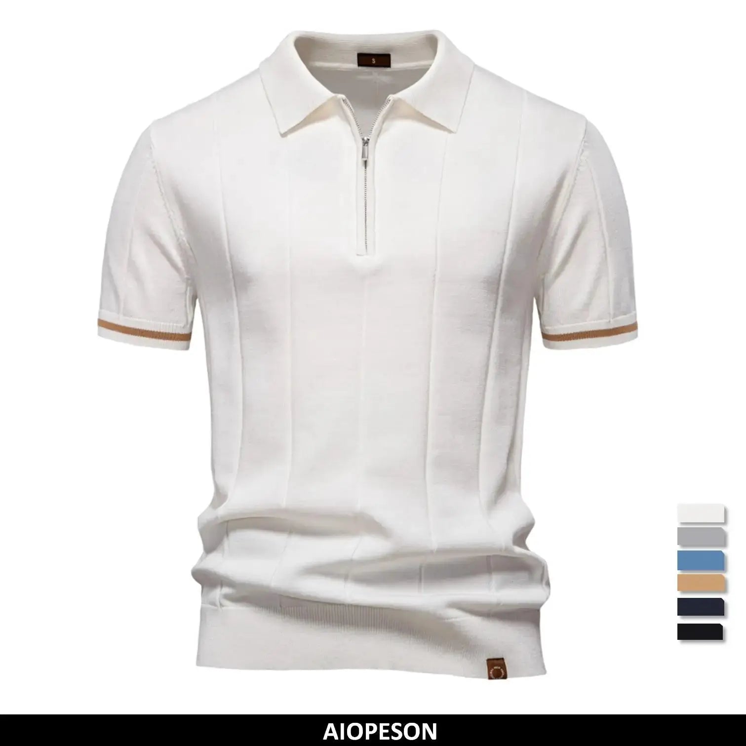 AIOPESON men's white zip polo shirt with brown sleeve trim by Simples Market