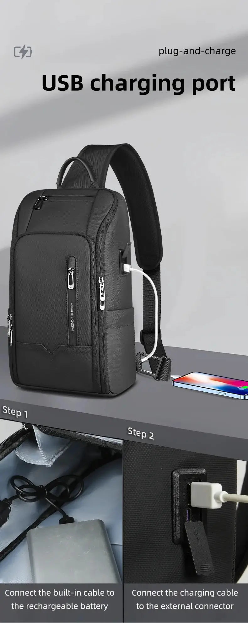Black HK anti-theft men's shoulder bag with USB charging port, waterproof Oxford fabric, multiple pockets