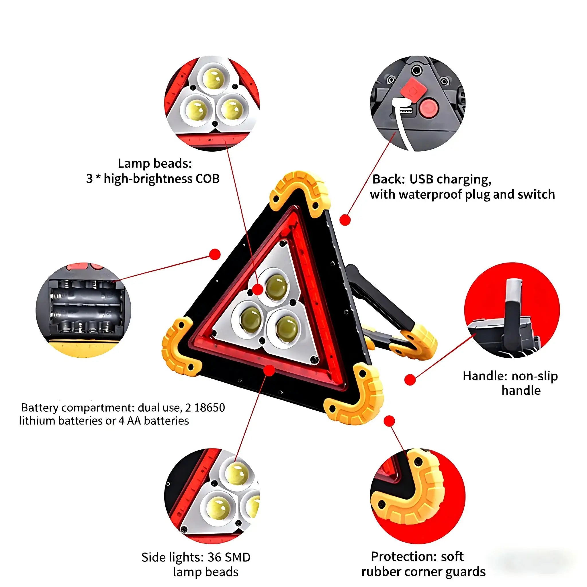Emergency Safety Triangle With Red LED Warning Light For Car Breakdowns Multifunctional Stop Sign